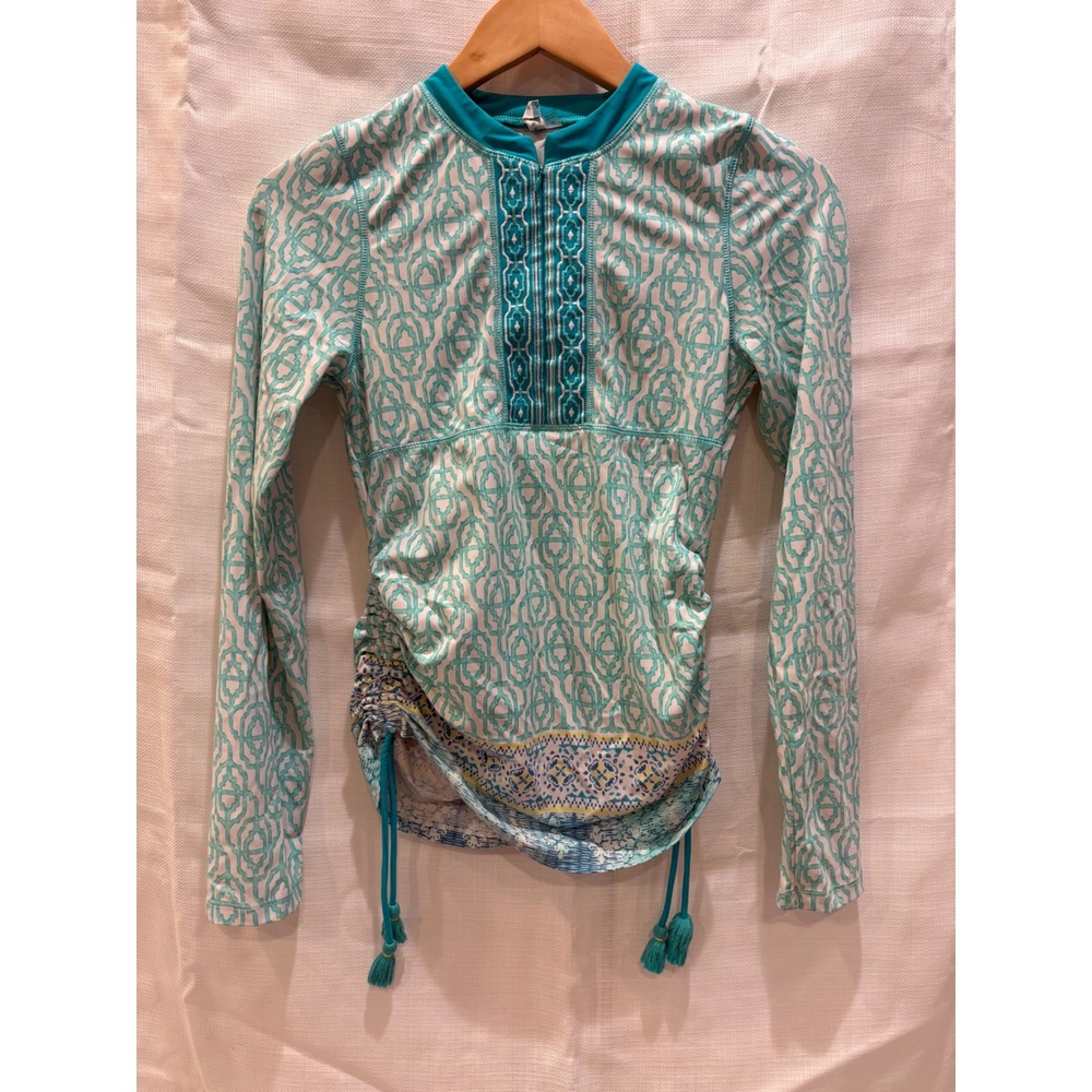 Cabana Life Girls Rash Guard Swim‎ Top Turquoise Geometric Zip Tassel Size 14